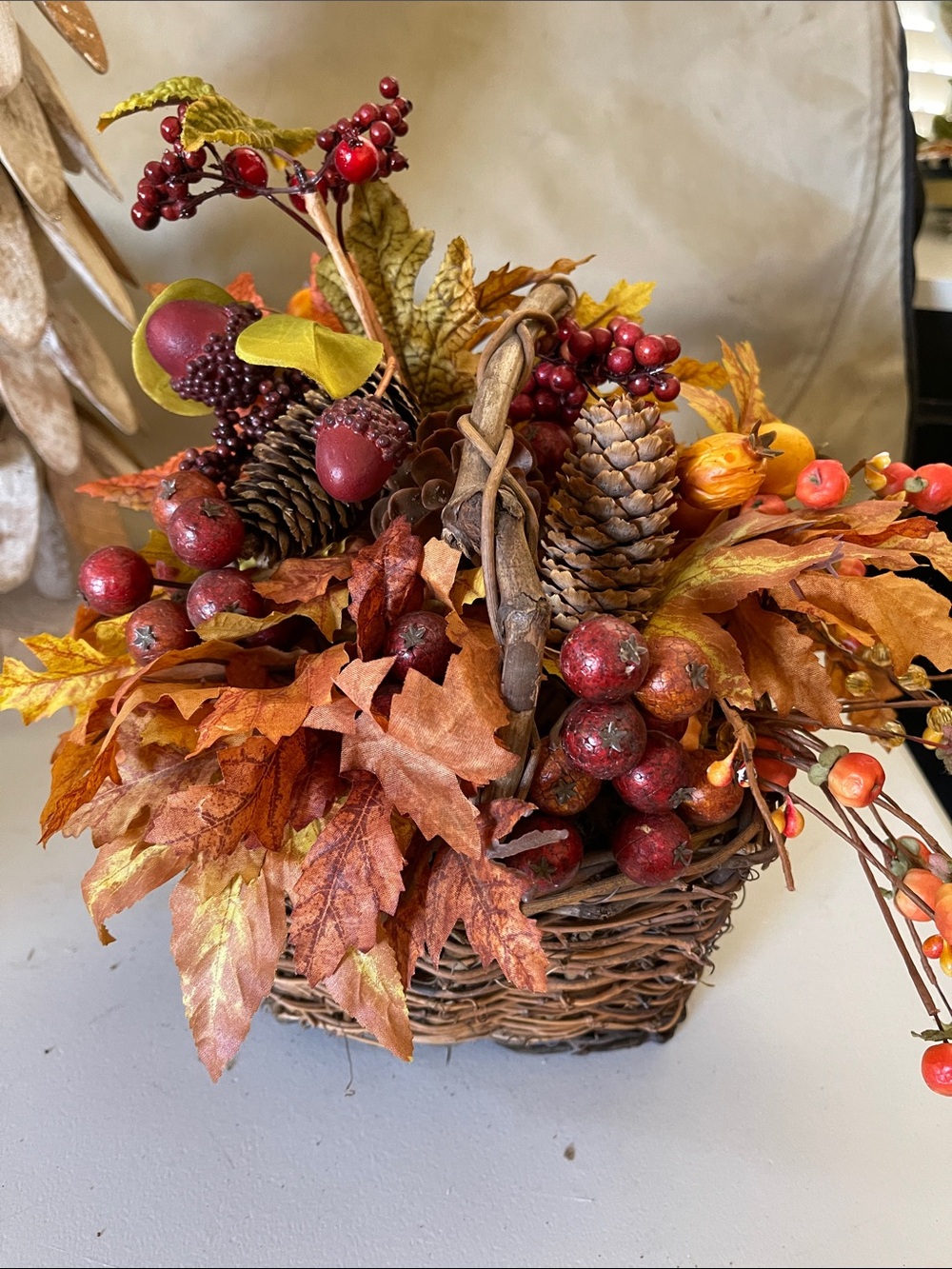 Autumn Berry & Pinecone Faux Floral Basket - Orange & Redn